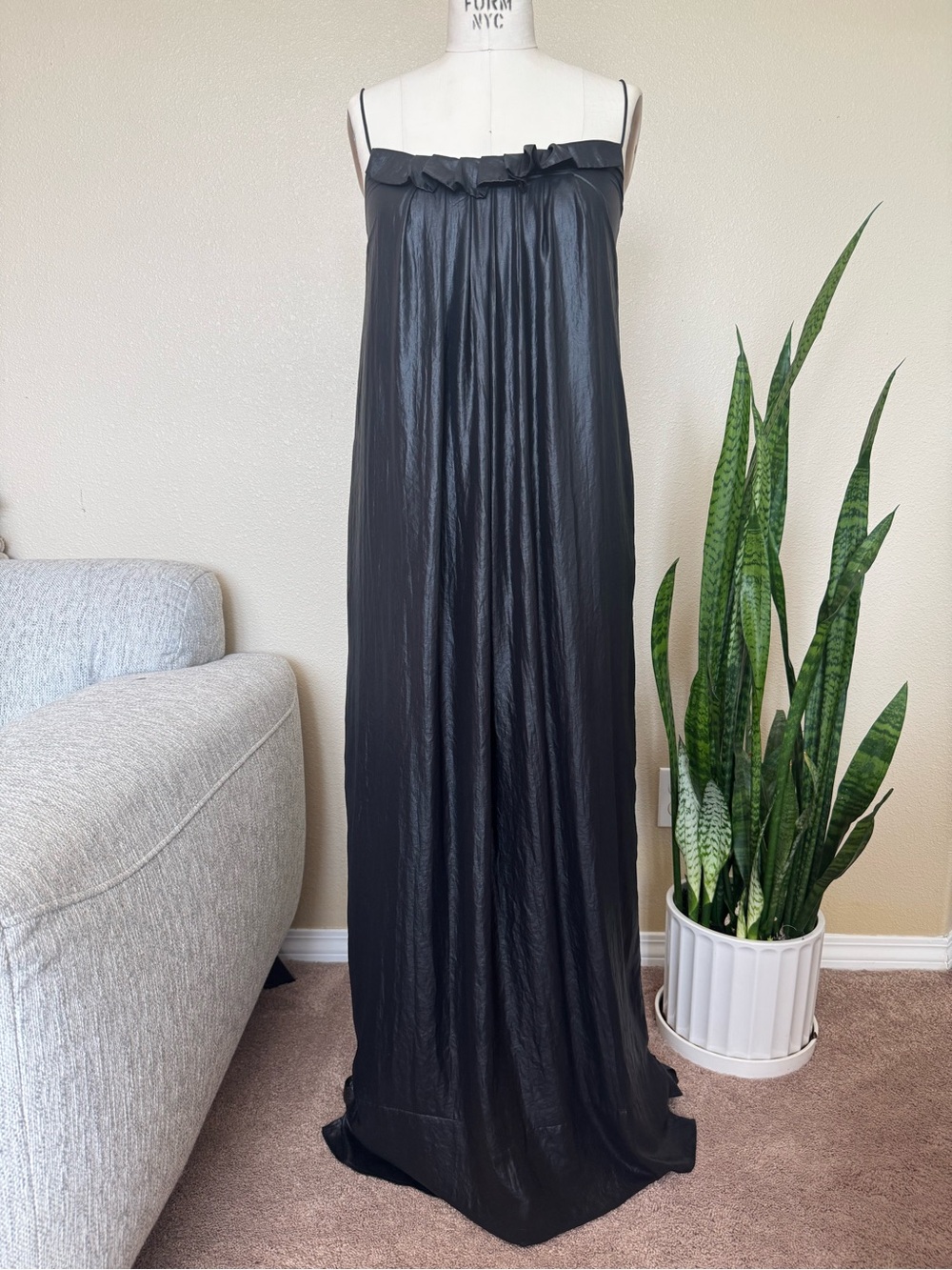 L'AGENCE Black Satin Maxi Dress with Ruffle Detail Size 2
